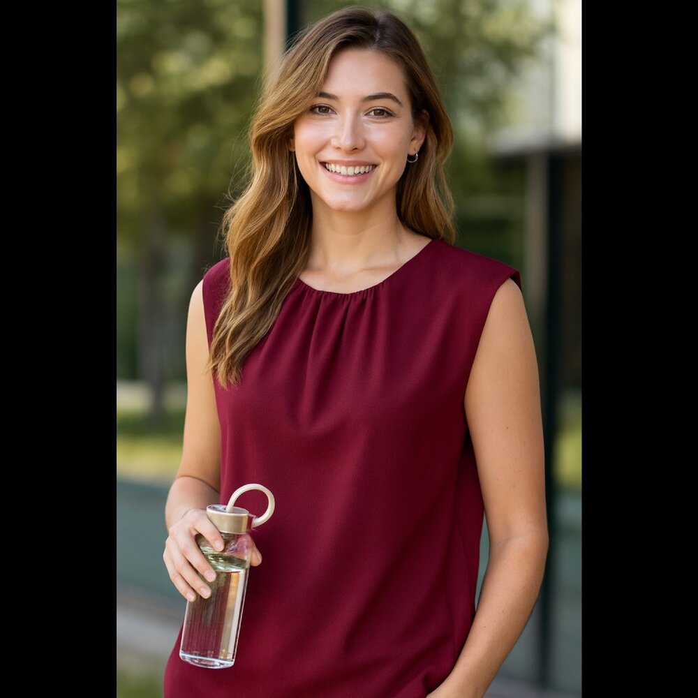 NEW Express Crew Neck Pleated Padded Shoulder Top Burgundy XS